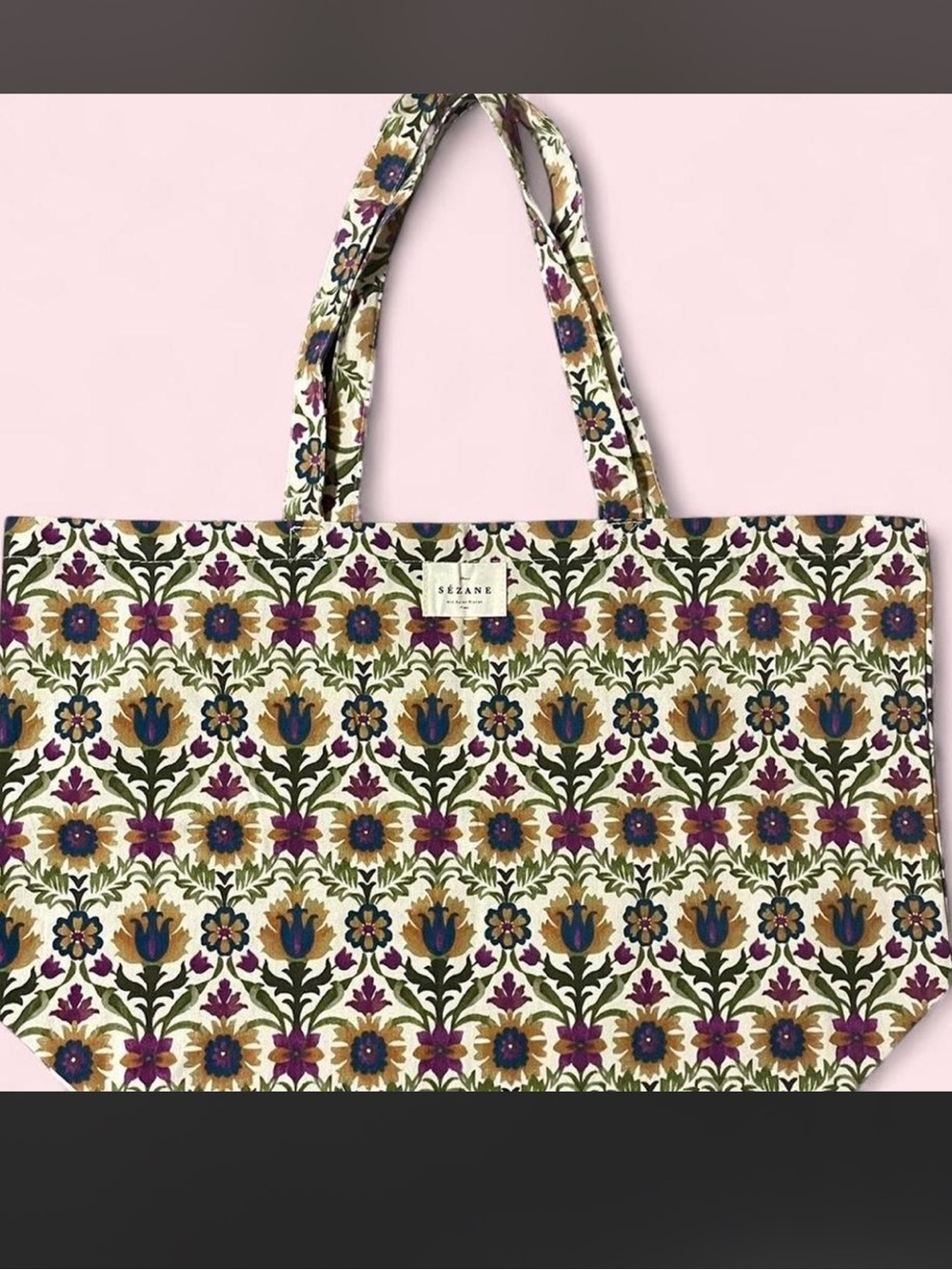 Sézane Floral Printed Tote in White, Green, Blue, Purple, Gold